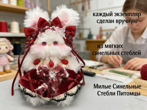 1 Ручная Синельная Кролик с Пушистыми Ушами: Бордовые Банты+Лейсовое Платье+Бабочные Украшения + Дар Деревянный Стенд (Свет. Ковчег — доп. покупка)