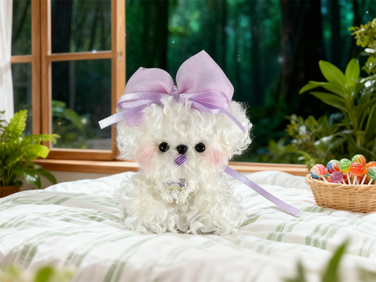 小狗3-1 Собачка Бишон из пушистых синельных стеблей с фиолетовым бантом ест вкусный леденец на палочке