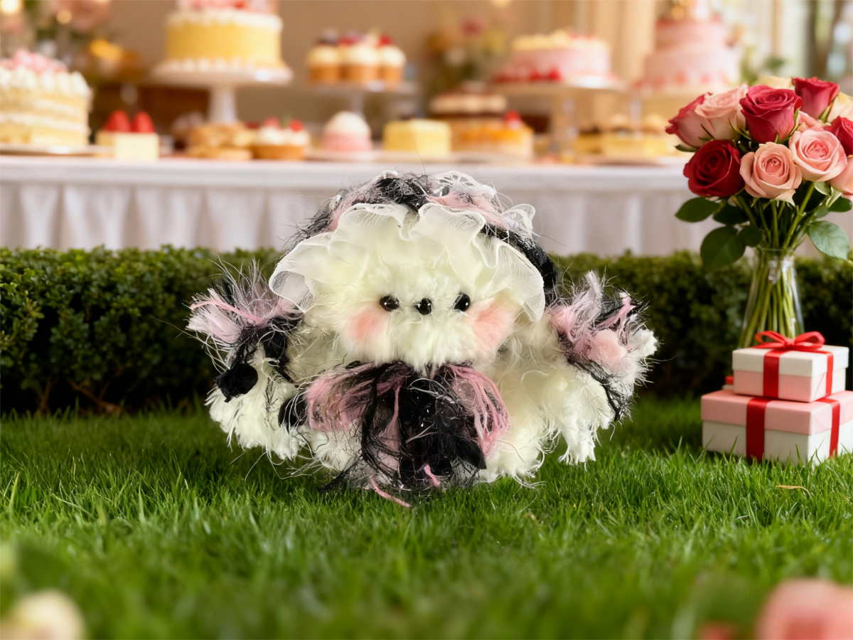 小狗4-1 Вислоухий котенок из пушистых синельных стеблей с черно-розовой лентой для волос